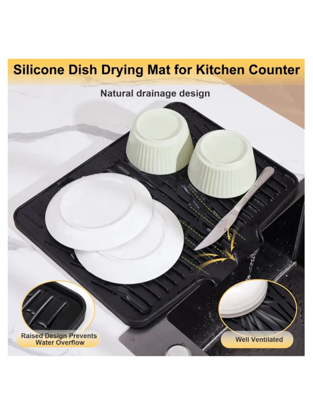 NEW Silicone Dish Drying Mat Kitchen Counter Non-Slip Dish Drying Pad Drain